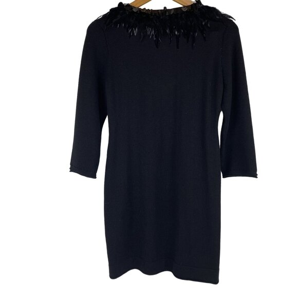 VTG Large Boho Fairy Babydoll Preppy Black Feather Embellished Merino Wool Dress - Picture 1 of 10